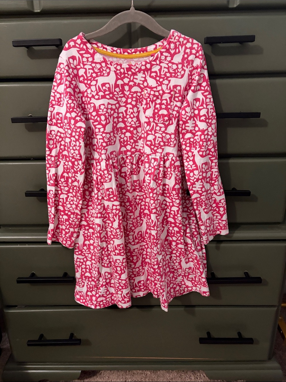 Mini Boden Pink and White Woodland Print Long-Sleeve Dress